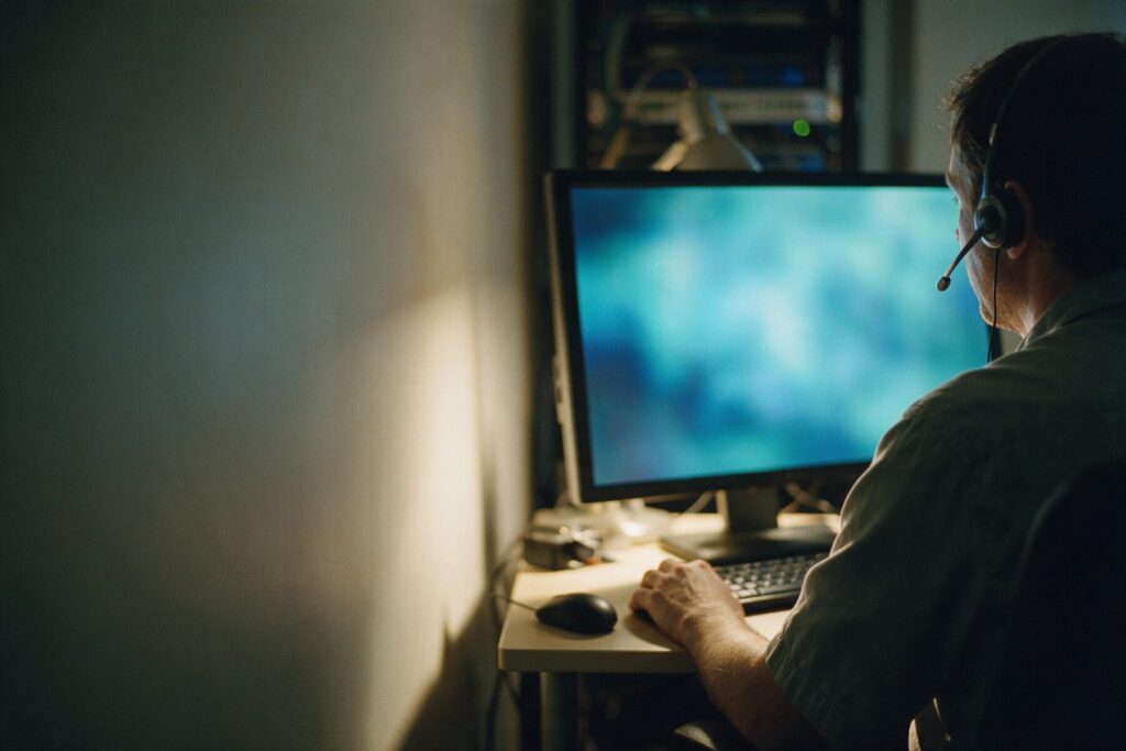 Técnico con auriculares de diadema trabajando frente a un monitor, con un armario de servidores desenfocado al fondo