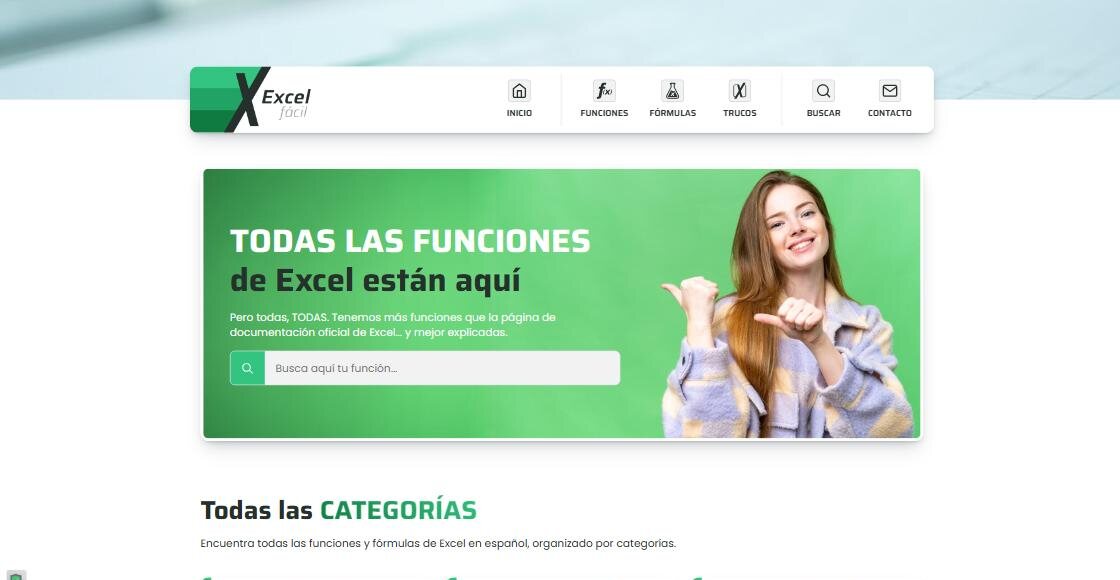 Portada de Excel Fácil con su buscador de funciones sobre un bloque verde